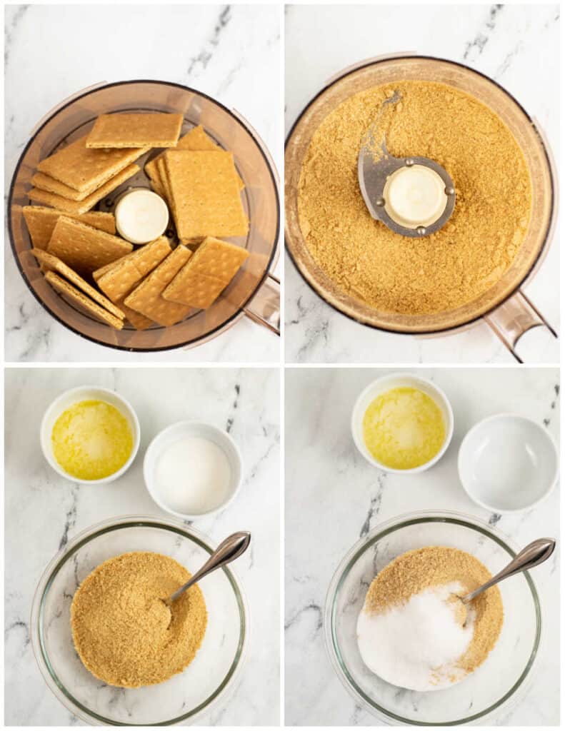 a collage of four pictures showing how to make graham cracker crust. The first shows whole graham crackers in a food processor, in the second they have been turned to fine crumbs. In the third picture there is a mixing bowl with graham cracker crumbs next to it is a bowl with sugar and another with melted butter. In the last picture the sugar has been added to the graham cracker crumbs. 