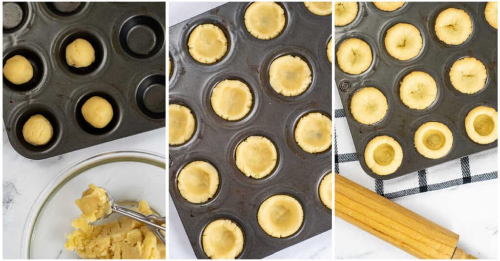 A set of 3 pictures showing how to make mini sugar cookie tart crusts. One shows balls of dough in a mini muffin pan, the next shows the dough pushed to the sides and the third shows the crusts baked. 