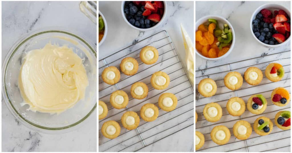A collage of 3 pictures showing how to fill mini fruit tarts. The first shows a glass bowl full of cream cheese filling, the next shows sugar cookie crusts filled with the filling, and in the third they have been topped with chopped fruits and berries. 