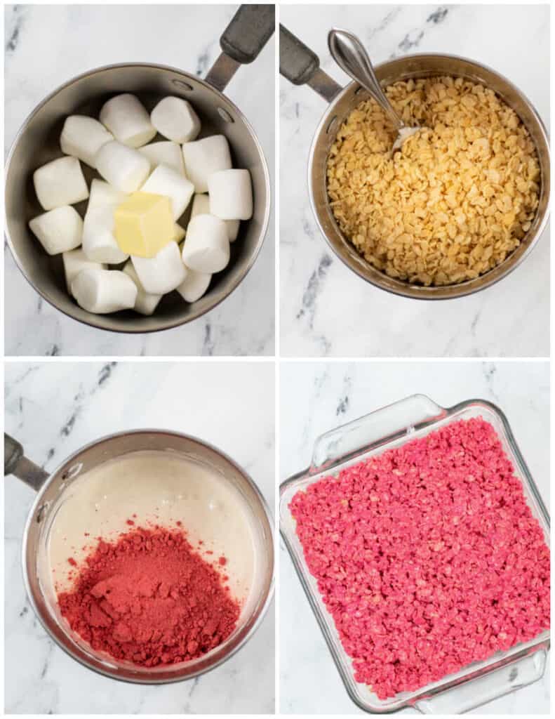 A collage of four pictures showing the steps for making the strawberry layer of  Neapolitan rice krispie treats. The first is a saucepan with marshmallows and butter, in the second shows crisp rice cereal added in, the third strawberry powder has been added, and in the fourth a square pan has pink rice krispies treats in it. 