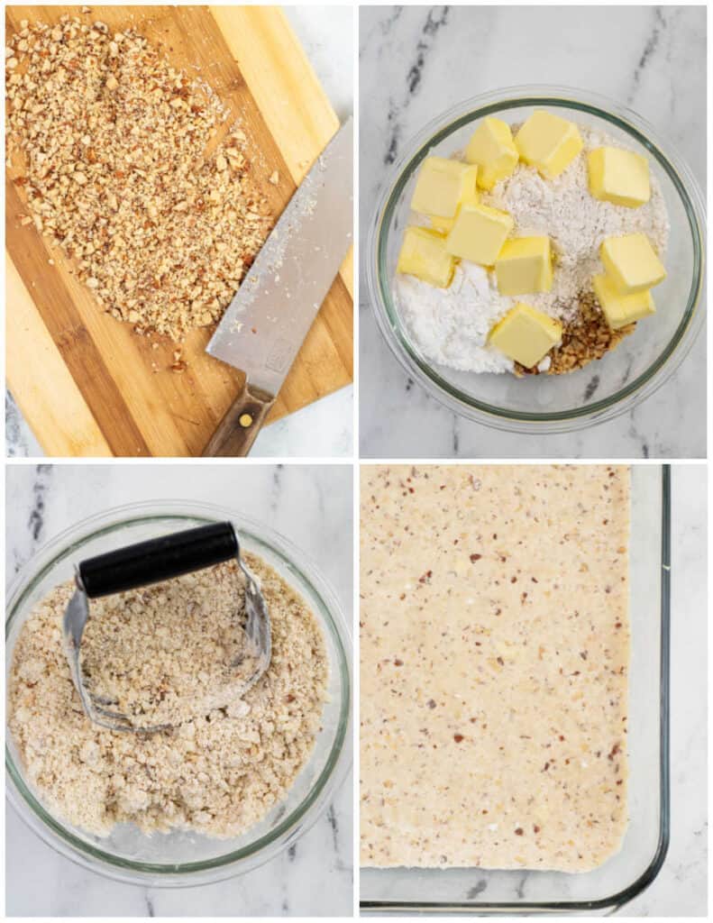 The steps for making shortbread crust for pineapple cheesecake bars. The first shows finely chopped almonds, the second shows a glass mixing bowl with chopped almonds, cubes of butter and flour, in the third picture a pastry blender has been used to blend the ingredients together, and in the final picture the crust has been pressed into a glass baking pan. 