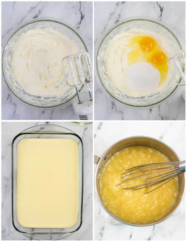 A collage of four pictures showing how to make the filling for pineapple cheesecake bars. In the first cream cheese has been mixed a glass mixing bowl. In the second sugar and eggs have been added to the bowl. In the third picture the cheesecake batter has been poured into a glass baking pan. The fourth picture shows pineapple topping being cooked in a medium size saucepan. 
