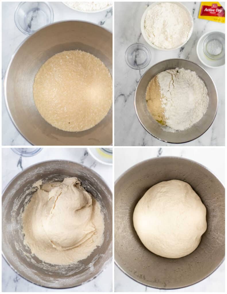 A collage of 4 pictures showing the steps for making soft pretzel dough. The first is a metal mixing bowl with yeast that has been proofed, in the second picture flour has been added. In the third the dough has been mixed, and in the fourth the dough has been kneaded into a smooth ball. 