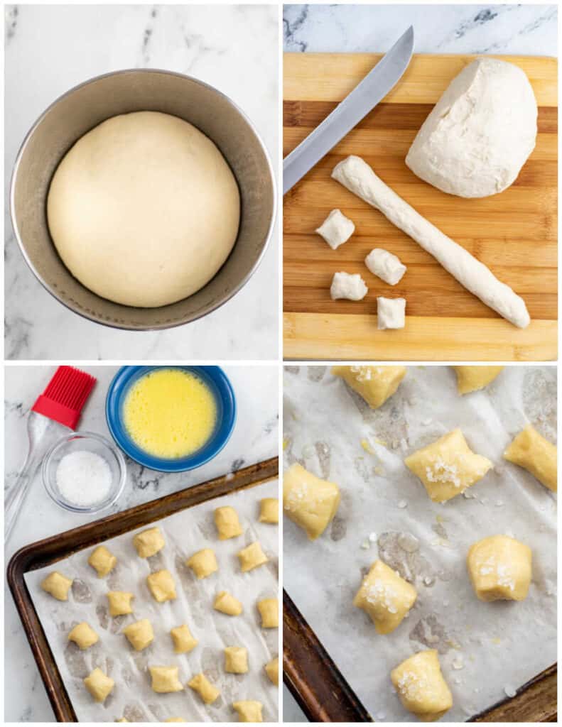 A collage of 4 pictures showing the steps for making soft pretzel bites. The first shows the dough doubled in size in a mixing bowl. The second shows the dough rolled into long ropes and cut into one inch sections. The next shows the pretzel bites on a lined cookie sheet after being boiled. And the final shows a close up of the pretzel bites before baking, they have been egg washed and sprinkled with coarse salt. 
