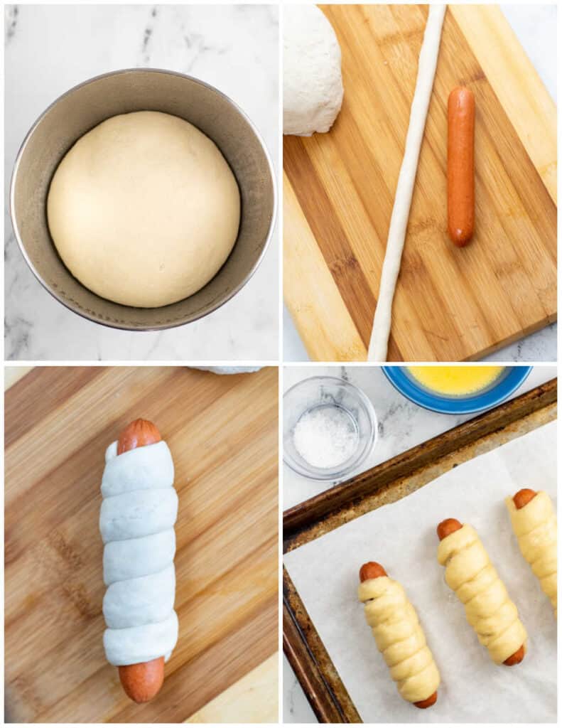 A collage of four pictures showing how to make pretzel dogs. The first shows risen dough in a mixing bowl. The second shows a chopping block with a long rope of dough and a hot dog. The third shows a hot dog wrapped in pretzel dough. The fourth shows boiled pretzel dogs on a cookie sheet. 