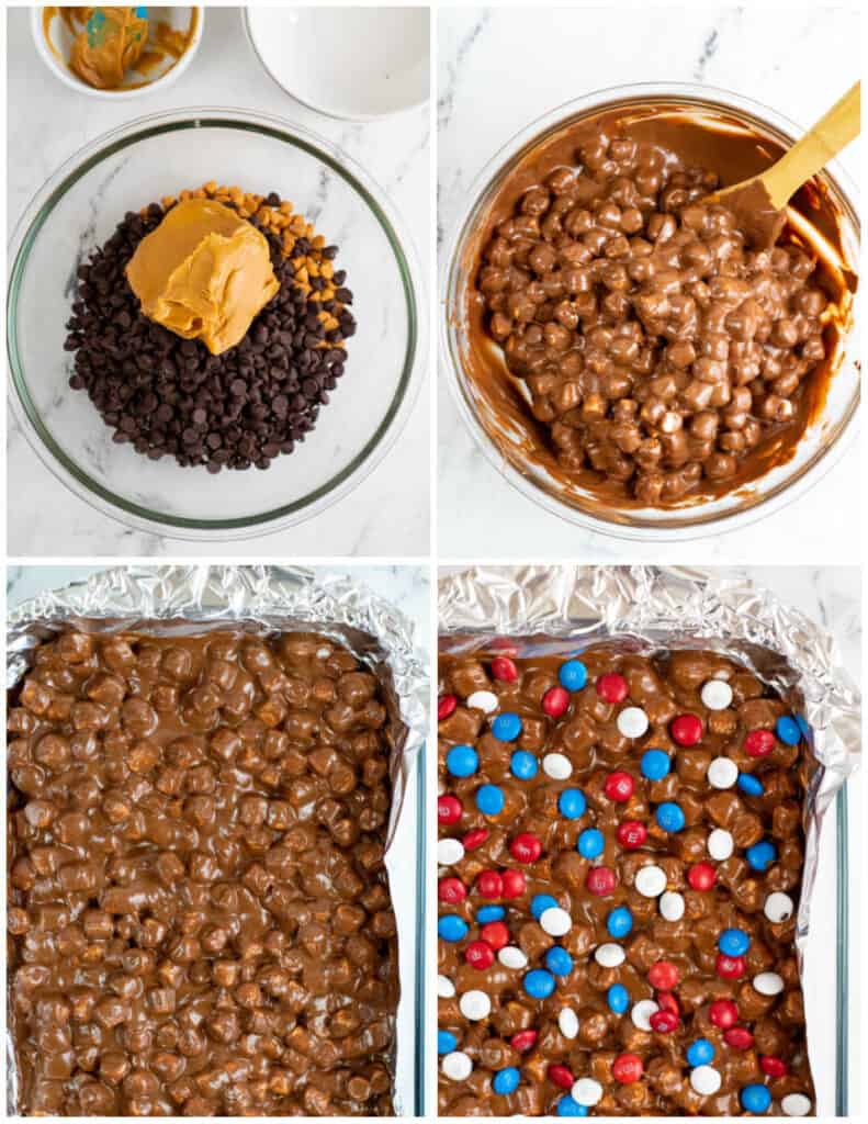 A collage of four pictures showing the steps for making red white and blue marshmallow bars. The first shows a bowl with chocolate chips, butterscotch chips and peanut butter in it. In the second the chocolate has been melted and marshmallows have been mixed in. In the third the marshmallow mixture has been spread in a baking pan and in the fourth it has been topped with M&M's. 