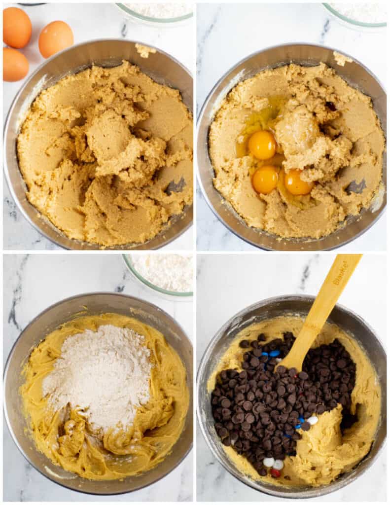A collage of four pictures showing cookie dough being made. The first shows butter and sugar creamed together, the second shows eggs added, the third flour has been added and in the fourth the M&M's and chocolate chips have been added. 