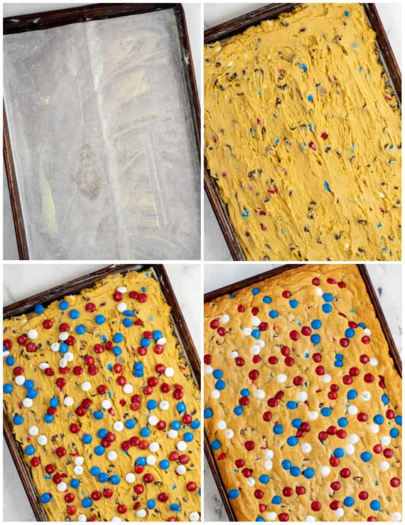 A collage of four pictures showing cookie bars being made. The first is a cookie sheet lined with parchment paper and buttered, in the second cookie dough has been spread on the baking sheet, in the third M&M's have been sprinkled across the top. In the fourth the cookie bars have been baked. 
