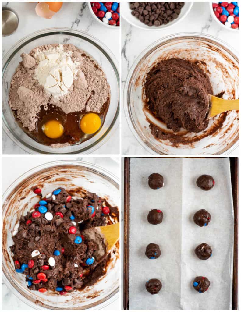 A collage showing the steps for making brownie cookies. The first pictures shows a glass mixing bowl with brownie mix, flour and eggs in it, in the second they have all been mixed together with a wooden spoon. The third picture shows brownie cookie dough with chocolate chips and M&M's added in. In the final picture there are balls of cookie dough on a parchment lined baking sheet. 