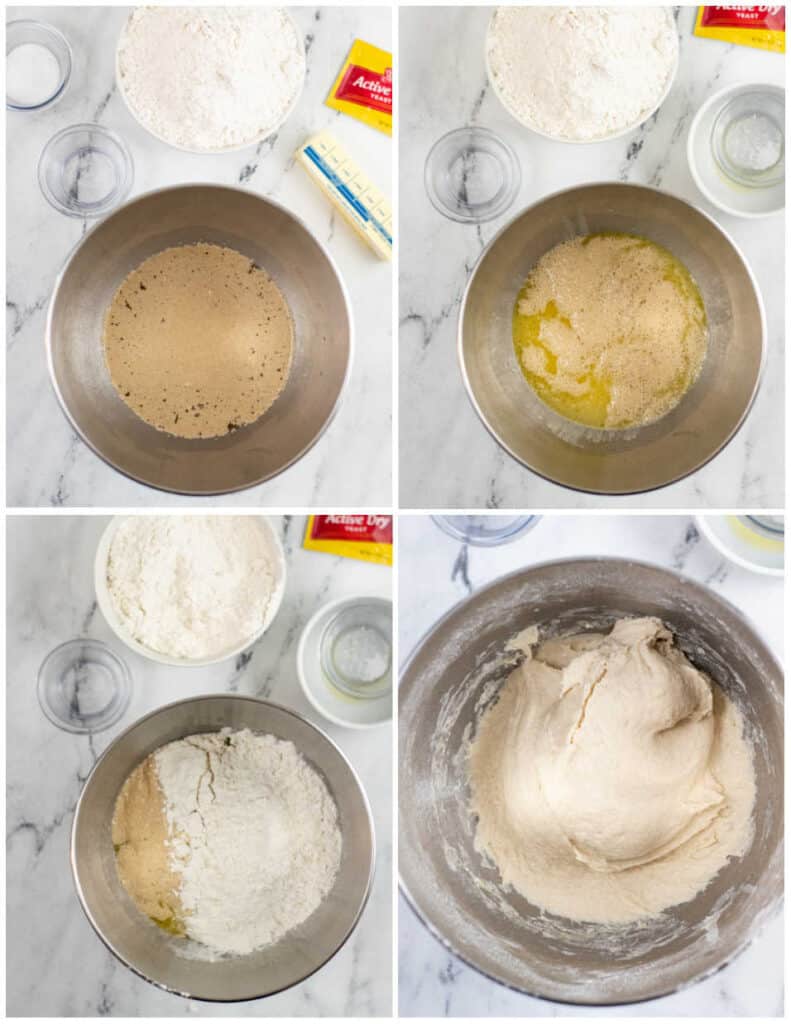 A four picture collage showing the steps for making soft pretzel dough. The first is a metal mixing bowl with water and yeast. In the second melted butter has been added, in the third flour has been added, the fourth shows a soft dough in the bowl. 