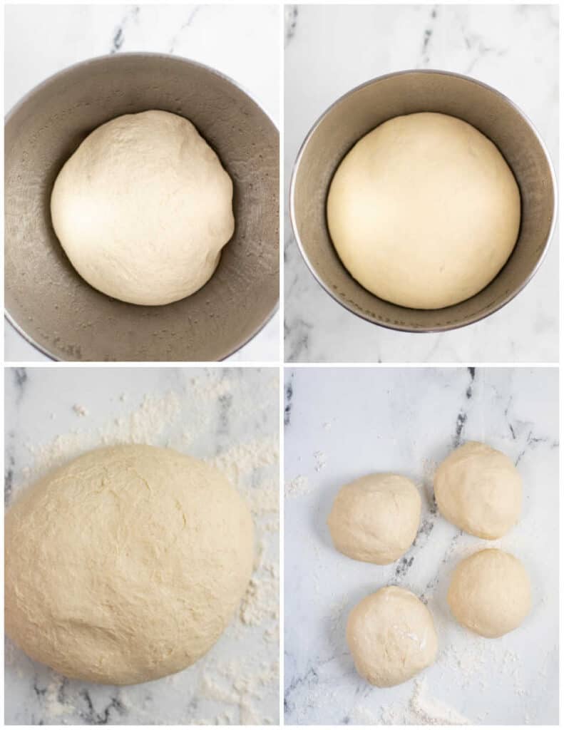 A collage of four pictures showing soft pretzel dough. In the first a ball of dough is at the bottom of a metal mixing bowl. In the second the dough has doubled in size, in the third the dough has been placed on a floured work surface. In the fourth the dough has been divided into four balls. 