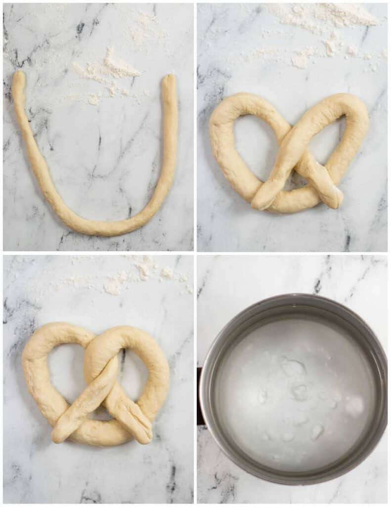A collage of four pictures showing how to make a soft pretzel. In the first a rope of dough is in a U shape, in the next the ends have been criss crossed to form the beginning of a pretzel shape. In the third the ends have been twisted to form a complete pretzel. The fourth shows a large pot full of water and baking soda. 