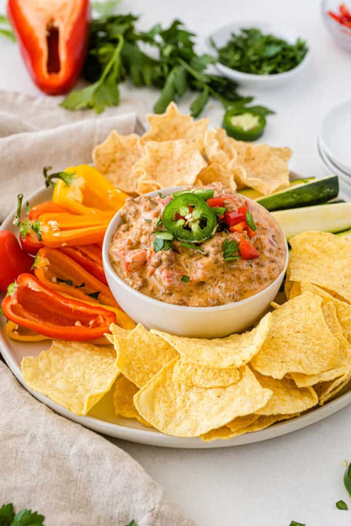 a white bowl full of rotel dip and surrounded by chips and chopped vegetables. 