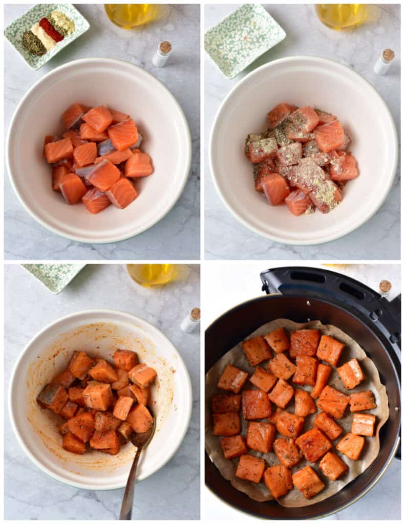 A collage of four pictures showing how to make air fryer salmon bites. The first shows chunks of salmon in a large bowl with a try of spices next to it. In the second picture the spices have been added to the salmon. In the third everything has been mixed together, in the fourth the salmon bites have been placed in the basket of a parchment lined air fryer. 