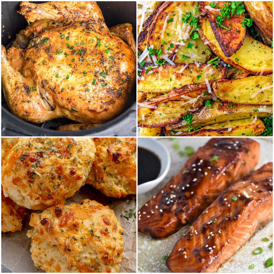 A collage of four beginner air fryer recipes the first is a roast chicken, the second is roast potato wedges, the third is cheddar biscuits, and the fourth shows two pieces of air fryer salmon. 