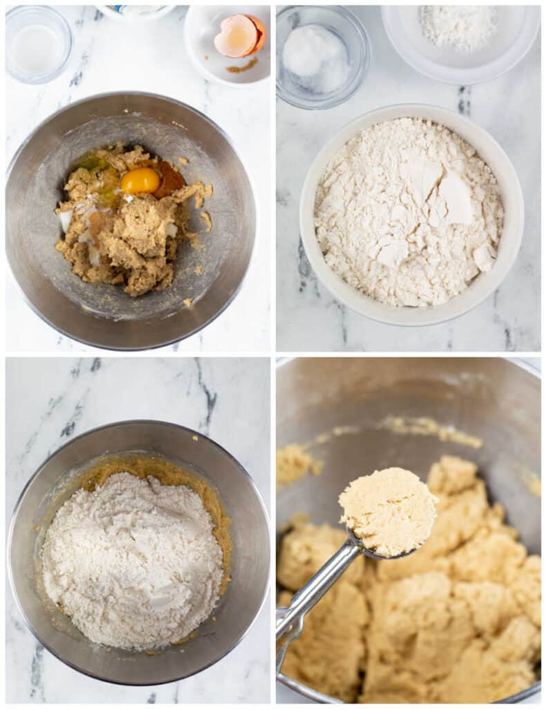 A collage of four pictures showing how to make candy corn cookie dough. The first shows butter and sugar creamed together in a mixing bowl with eggs added, the second shows the dry ingredients mixed together, the third the dry ingredients have been added to the butter mixture, and the final picture shows a scoop of dough being taken out of the bowl. 