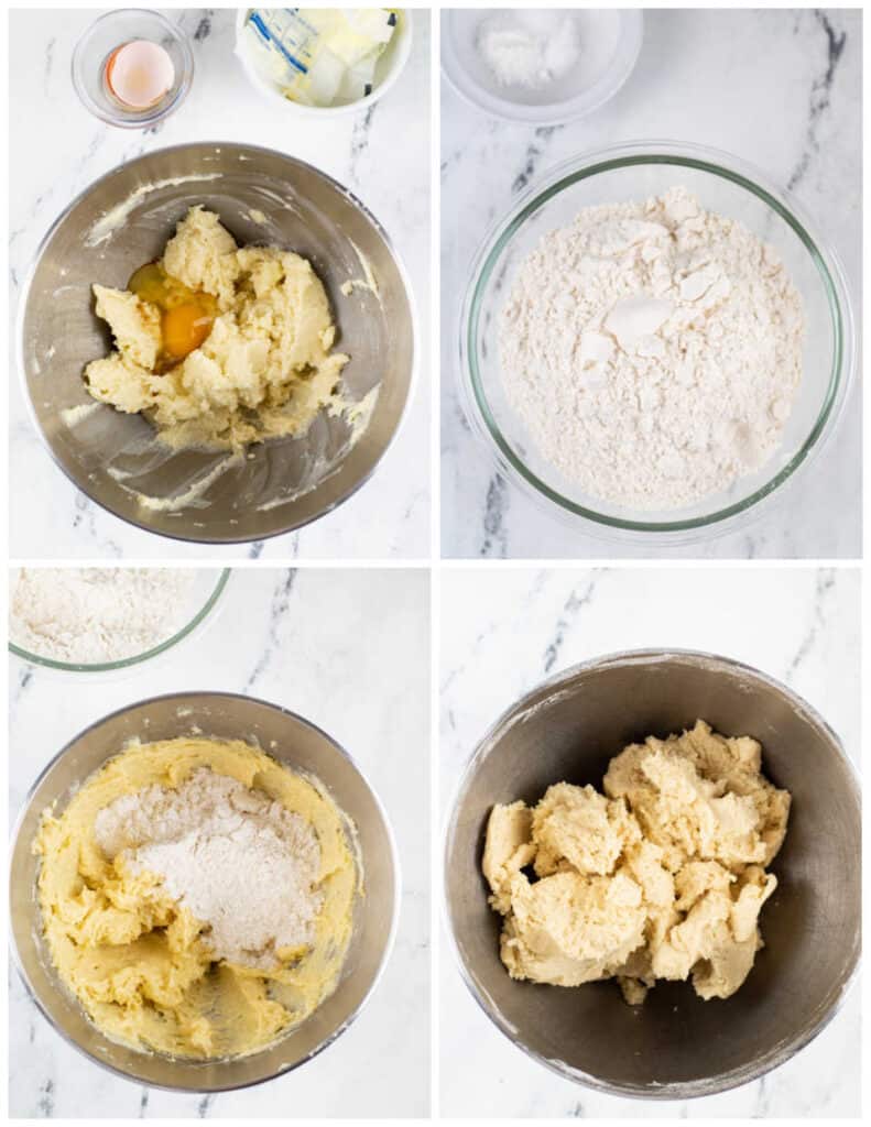 A collage of four pictures showing how to make candy corn cookie bar dough. The first shows butter and sugar creamed together in a mixing bowl with eggs added. The second shows a glass mixing bowl full of flour, the third shows the flour mixed in with the butter mixture, and in the final picture there is cookie dough in a mixing bowl. 
