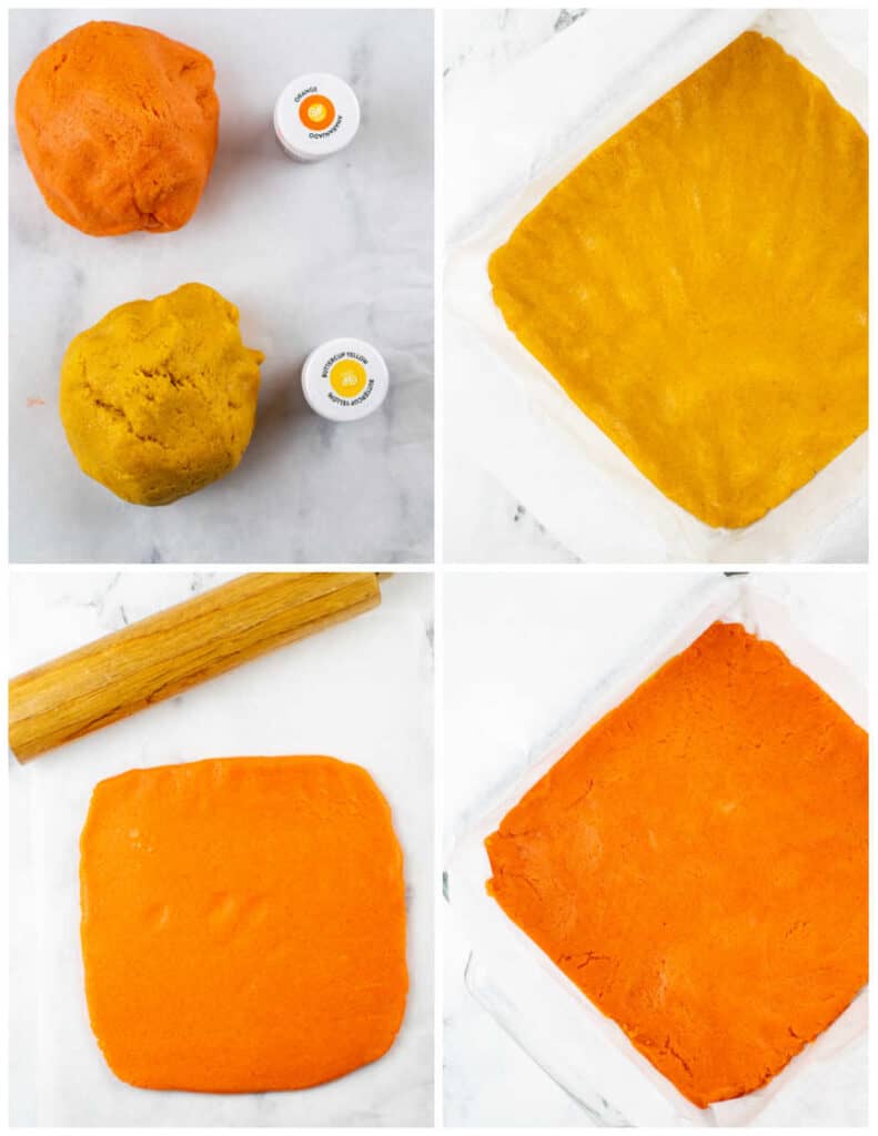 A collage of four pictures showing how to make candy corn cookie bars. The first shows two balls of cookie dough, one colored yellow and one colored orange. In the second the yellow dough has been pressed into a square baking pan. In the third the orange dough has been rolled out into a square and in the fourth it has been placed on top of the yellow dough in the pan. 