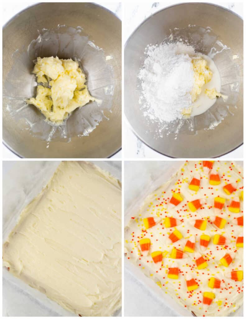 A collage of four pictures showing how to make the frosting for candy corn cookie bars. In the first butter has been creamed, in the second powdered sugar and cream has been added. In the third the frosting has been spread across the cookie bars and in the fourth they have been decorated with sprinkles and candy corn. 