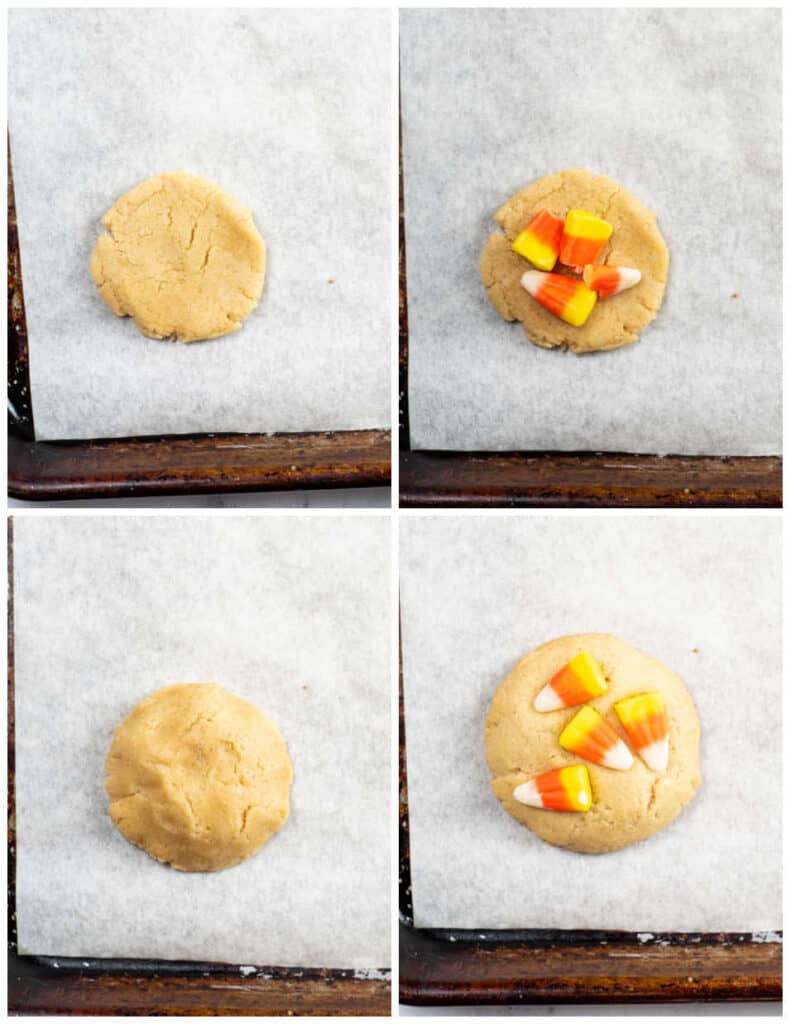 a collage of four pictures showing how to make candy corn cookies. The first is a circle of dough on a parchment lined baking sheet, in the second candy corn has been placed in the center, in the third another circle of dough is covering the candy corn, and in the fourth candy corn has been placed on top of a baked cookie. 