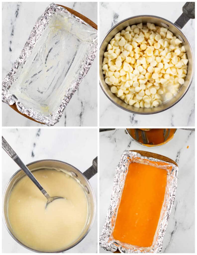 A collage of four pictures showing the process for making candy corn fudge. The first shows a loaf pan lined with foil and buttered. In the second white chocolate chips, cream and honey have been placed in a saucepan. In the third the white chocolate chips are melted, and in the fourth orange food coloring has been added and the mixture has been poured in the loaf pan. 