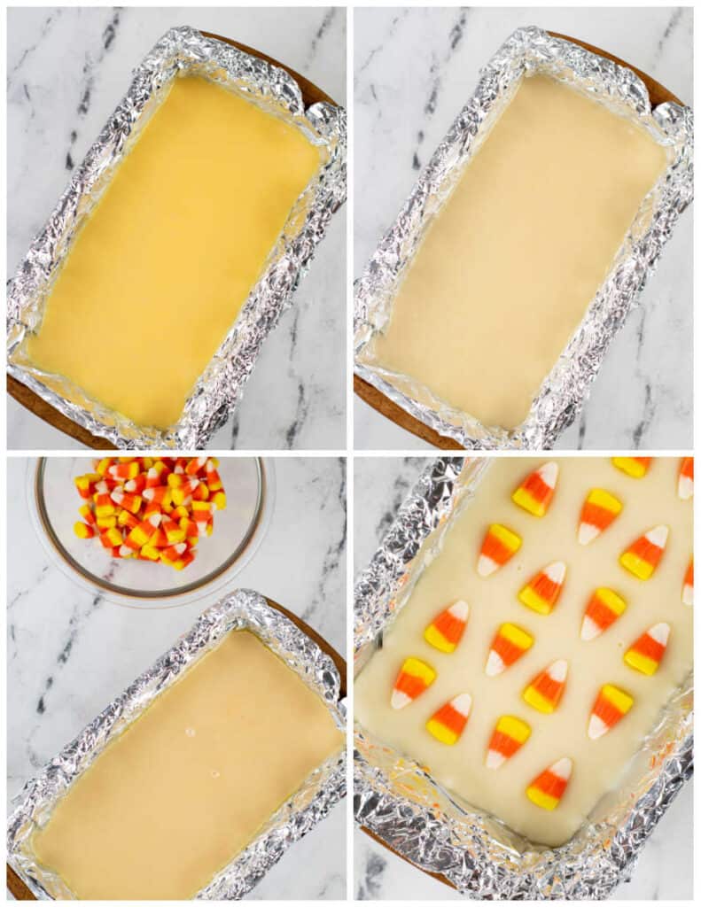 A collage of four pictures showing the making of candy corn fudge. The first shows the yellow layer in a loaf pan and in the next white has been added. In the fourth candy corn has been added in rows on the top. 