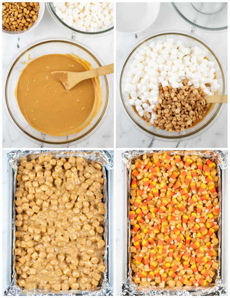 A collage of four pictures showing how to make candy corn marshmallow bars. In the first there is a clear glass bowl with melted peanut butter, butterscotch chips and peanut butter chips in it. In the second peanuts and marshmallows have been added. In the third the mixture has been placed in a 9x13 baking pan and in the fourth it has been topped with candy corn and peanuts. 