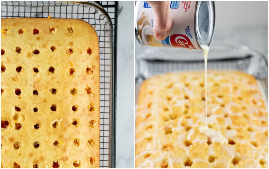 A collage of two pictures showing candy corn poke cake being made. In the first holes have been poked in the baked cake, in the second a hand pours sweetened condensed milk into the holes. 