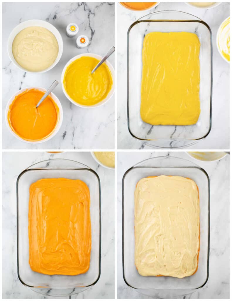 A collage of four pictures showing how to make candy corn poke cake. In the first there are three bowls of cake batter, one is orange one is yellow and one is white. In the second picture the yellow batter has been spread in a baking pan, in the second orange batter has been spread on top, an in the fourth the white batter has been added to the top. 