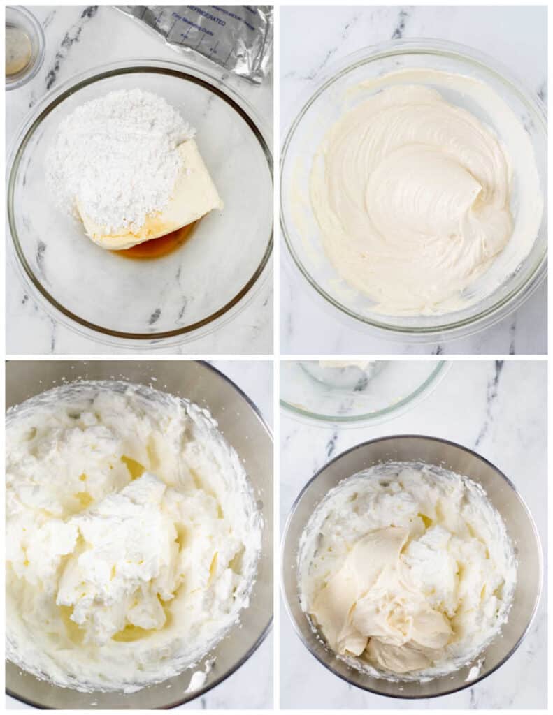 A collage of four pictures showing how to make whipped topping. In the first cream cheese, powdered sugar and vanilla have been placed in a bowl. In the second they have been blended together. The third is a metal bowl full of fresh whipped cream and in the fourth the cream cheese mixture has been added to the whipped cream. 