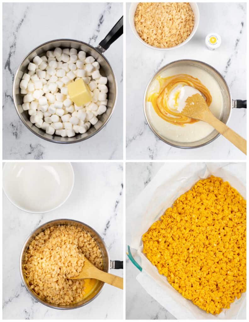 A collage of four pictures showing how to make the yellow layer of candy corn rice krispie treats. The first picture shows marshmallows and butter in a pan. In the second picture the marshmallows are melted  and yellow food coloring has been added. In the fourth picture the crispy rice cereal has been added to the pan. In the final picture the yellow rice krispie treat mixture has been pressed into a square pan. 