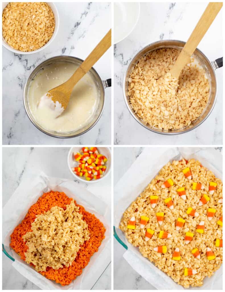 A collage of four pictures showing how to make the white layer of candy corn rice krispie treats.  In the first  picture marshmallows and butter are melted in a saucepan.  In the second picture the crispy rice cereal has been added to the pan. In the third picture the white rice krispie treat mixture has been placed on the orange layer. In the final picture the white mixture is spread out and topped with candy corn. 