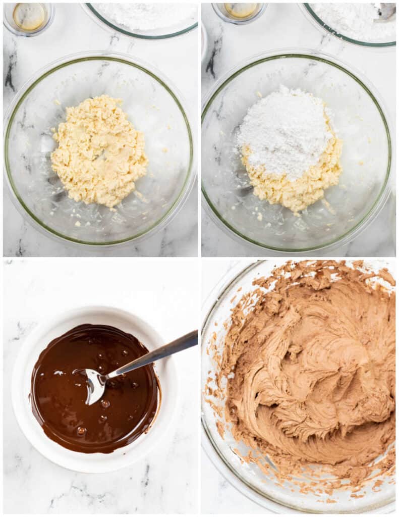 a collage showing how to make chocolate buttercream frosting. The first is a glass bowl with butter creamed in it, in the second powdered sugar has been added. The third picture shows a white bowl with melted chocolate in it and the fourth shows fresh chocolate buttercream frosting. 
