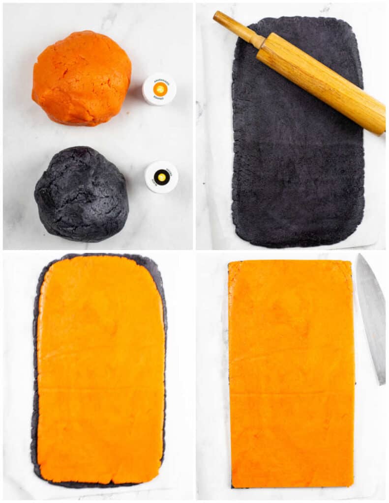 a collage of four pictures showing how to make Halloween pinwheel cookies. In the first there are two balls of dough, one is orange and one is black. In the second the black dough has been rolled out into a rectangle, in the second the orange dough has been rolled out and placed on the black, in the fourth the edges have been trimmed to make a rectangle. 