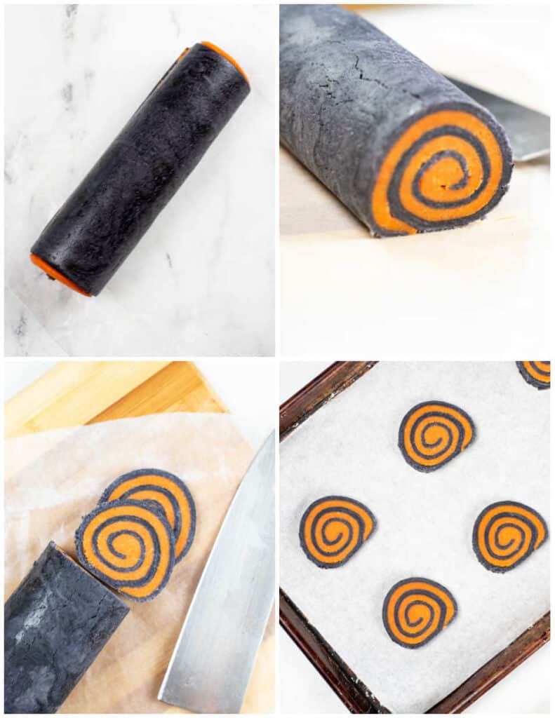a collage showing the steps for making pinwheel cookies. The first shows cookie dough rolled into a log shape, the second shows swirl from the end of the dough log, In the next one the dough has been sliced and in the fourth the slices on a parchment lined baking sheet. 