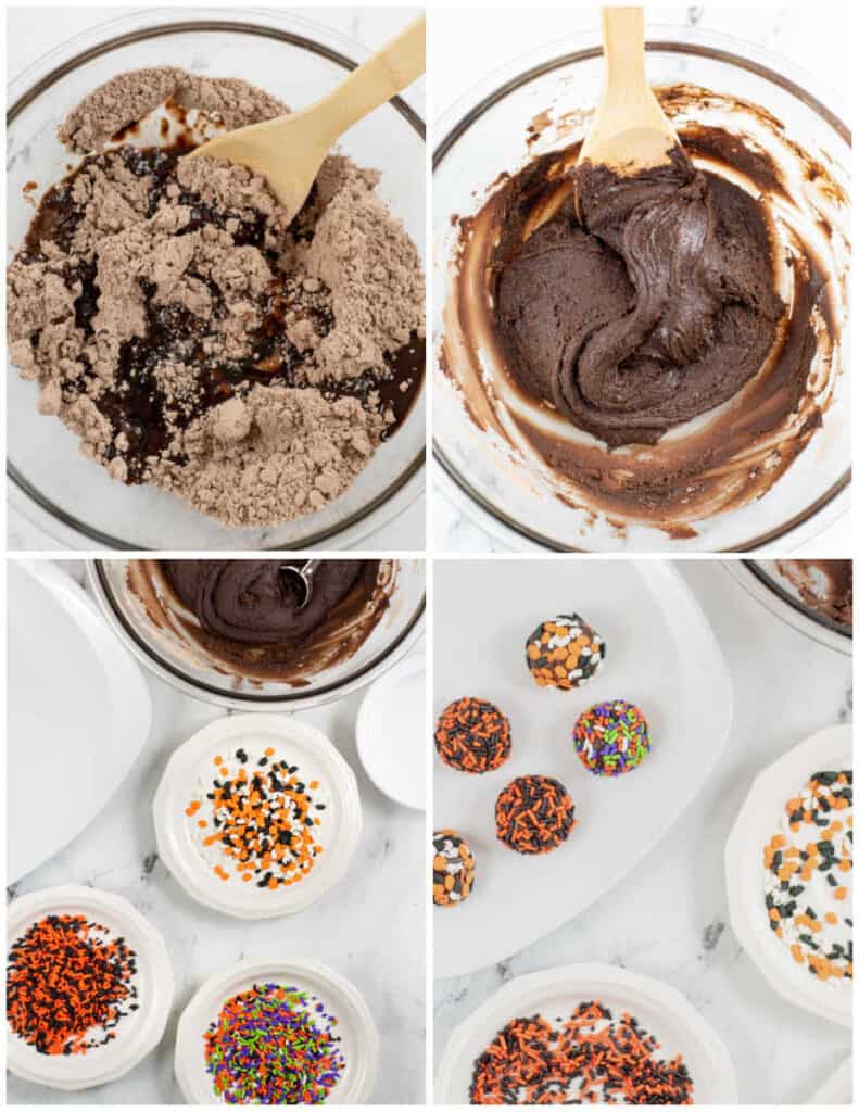 A collage of four pictures showing how to make brownie truffles. The first shows dry brownie mix with water added, the next shows brownie batter mixed together with a wooden spoon, the third shows small plates covered with Halloween sprinkles, and the fourth shows balls of the brownie batter rolled in sprinkles. 