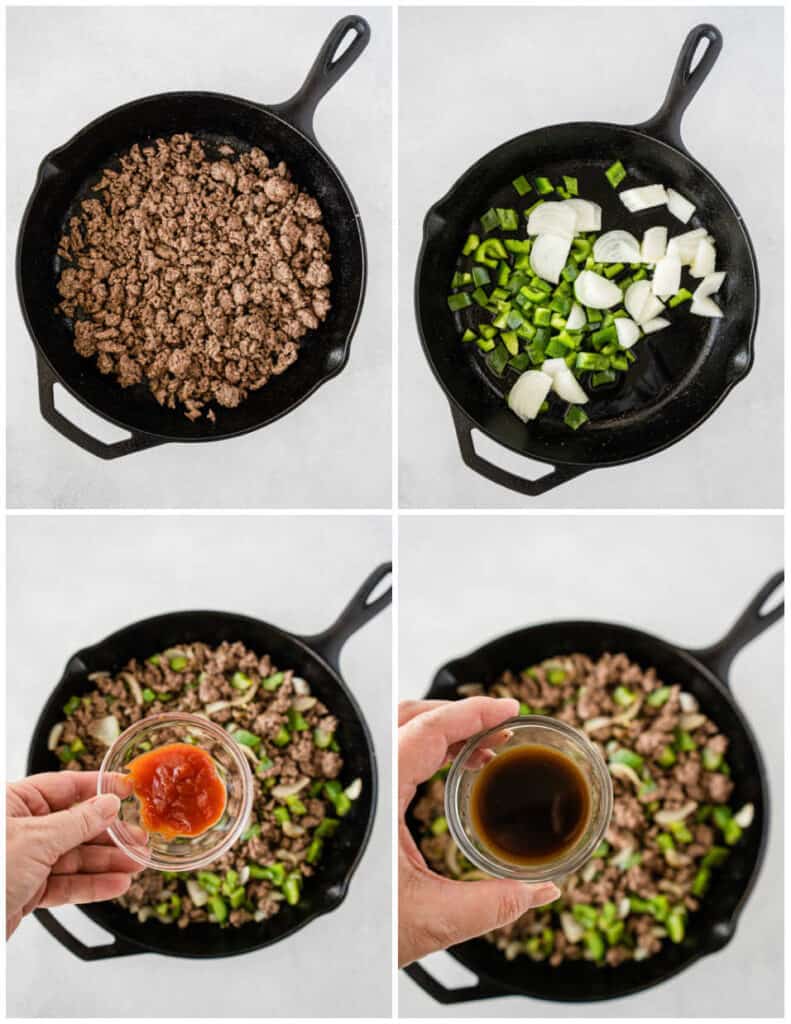 A collage of four pictures showing the making of the filling for philly cheesesteak stuffed shells. The first shows a cast iron skillet with cooked crumbled ground beef. In the second the skillet has chopped peppers and onions in it. In the third a hand is adding ketchup an in the fourth a hand is adding Worchestershire sauce. 