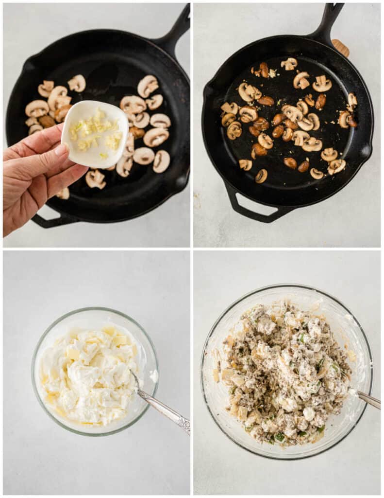 a collage of four pictures showing the making of philly cheesesteak stuffed shell filling. In the first a cast iron skillet is full of sliced mushrooms and a hand is adding minced garlic. In the second the mushrooms and garlic are cooked. The third picture shows a bowl of ricotta cheese and the fourth shows a bowl with all of the filling ingredients mixed together. 