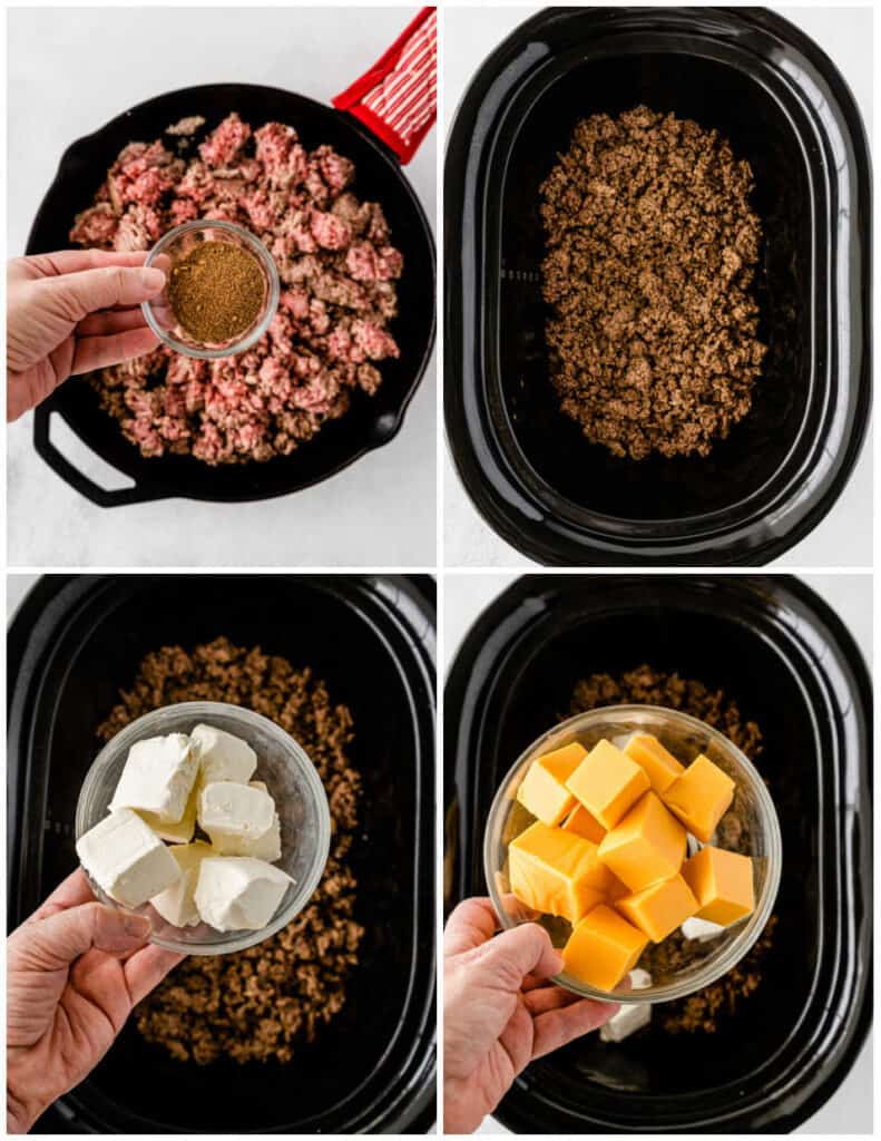 a collage of four pictures showing the steps for making Rotel dip. The first shows a skillet with ground meat in it and a hand ready to sprinkle on chili powder. In the second the cooked ground meat has been placed in a slow cooker. The fourth picture shows cream cheese cut into cubes over the slow cooker and the fourth shows velveeta cubes being added to the slow cooker. 