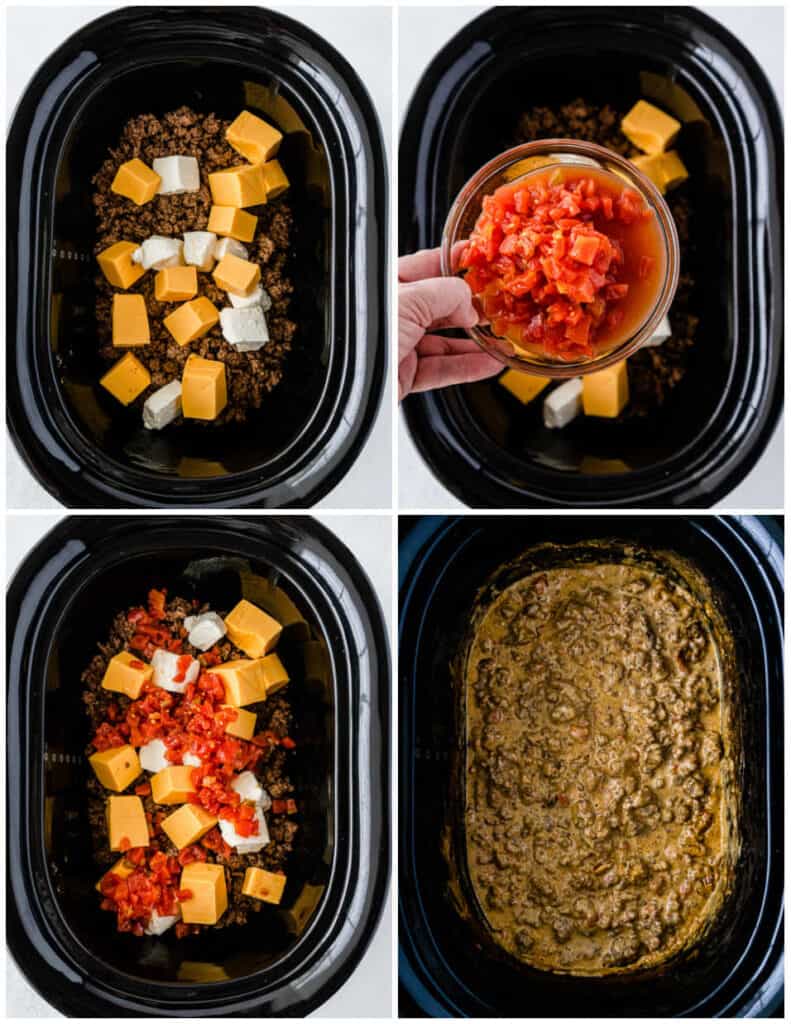 A collage of four picture showing Rotel dip being made in a slow cooker. In the first cooked ground meat, Velveeta cheese and cream cheese are in the slow cooker. In the second and third tomatoes have been added. The fourth shows the cooked dip. 