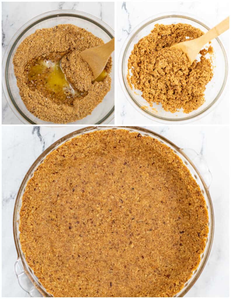 a collage of 3 images showing how to make a keto graham cracker crust.  the first shows a glass mixing bowl full of roasted almond flour and pecans and melted butter, in the second they have all been mixed, and in the third the mixture has been pressed into a glass pie pan. 