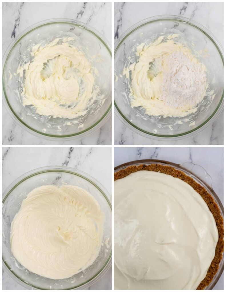 A collage of four pictures showing how to make sugar free lemon pie filling. The first shows a clear glass bowl with creamed cream cheese in it, in the second powdered sweetener, in the third all of the ingredients have been creamed together and in the fourth the filling is in a pie shell. 