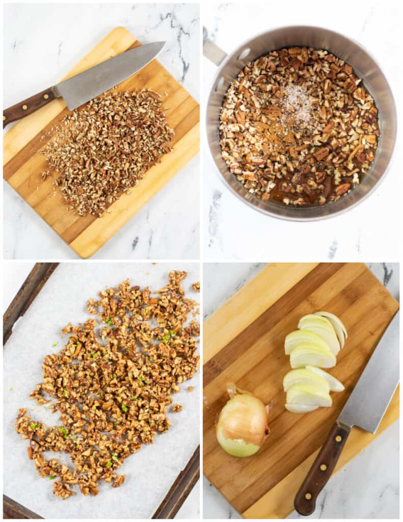 A collage showing how to make the pecan topping for roasted sweet potatoes, In the first pecans are chopped on a wooden chopping block. In the second they have been added to a pot with seasonings and liquid, in the third the mixture is spread out on a parchment lined baking sheet. And in the fourth an onion has been sliced on a wooden chopping block 