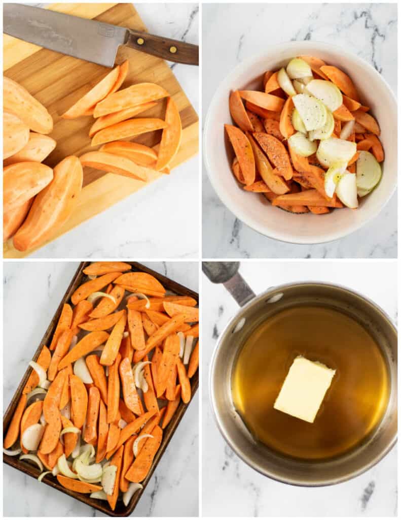 A collage of four pictures showing the making of roasted sweet potatoes. In the first peeled sweet potatoes are cut into wedges on a wooden chopping block., in the second they have been placed in a large bowl with sliced onions and seasonings, in the third the potatoes and onions have been spread on a baking sheet, and the fourth is a pan with butter and maple syrup in it. 
