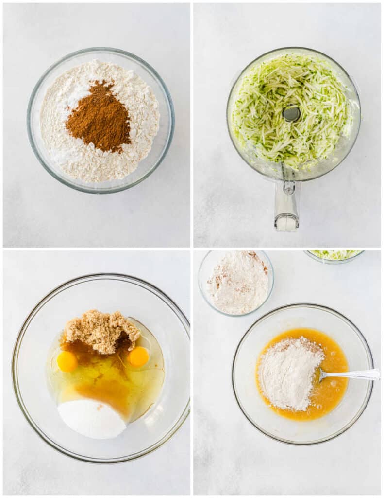 A collage of four pictures showing the steps for making zucchini bread. The first shows a glass mixing bowl with flour and spices in it, the second shows shredded zucchini, the third shows a glass bowl with eggs, oil, and sugars added, in the fourth the flour mixture has been added to the egg mixture. 