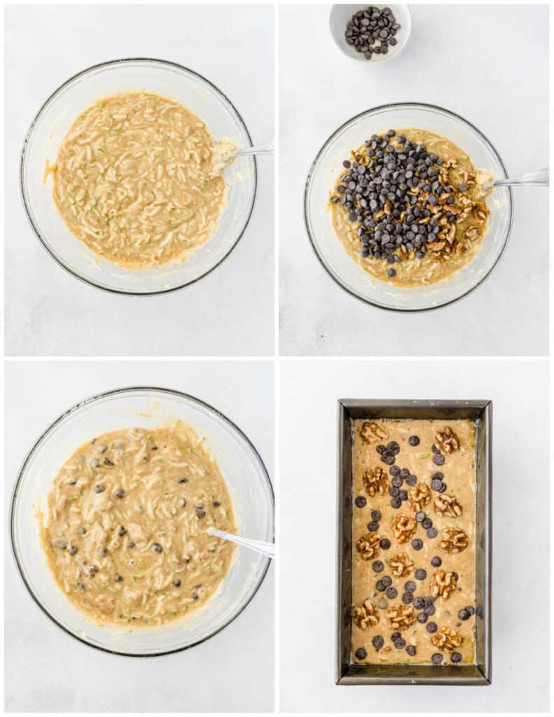 a collage of four pictures showing the steps for making chocolate chip zucchini bread, The first is a clear mixing bowl with batter with shredded zucchini, in the second chocolate chips and walnuts have been added, in the third everything is mixed together, in the final picture the batter has been placed in a loaf pan and chocolate chips and walnuts have been sprinkled across the top. 