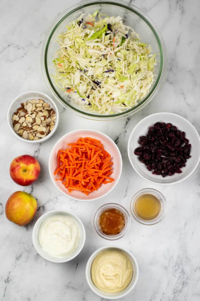 The ingredients for cranberry apple coleslaw on a marble countertop. A bowl of coleslaw mix, sliced almonds, dried cranberries, matchstick carrots, apples, mayonnaise, honey, apple cider vinegar and sour cream 