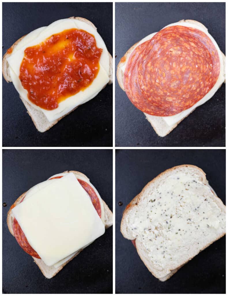 A collage of four pictures showing how to assemble a pizza grilled cheese sandwich. In the first pizza sauce had been spread over cheese slices, in the second large pepperoni slices have been placed over the sauce and in the third cheese slices have been added on top of the pepperoni. In the final picture a piece of buttered bread has been added to the top. 