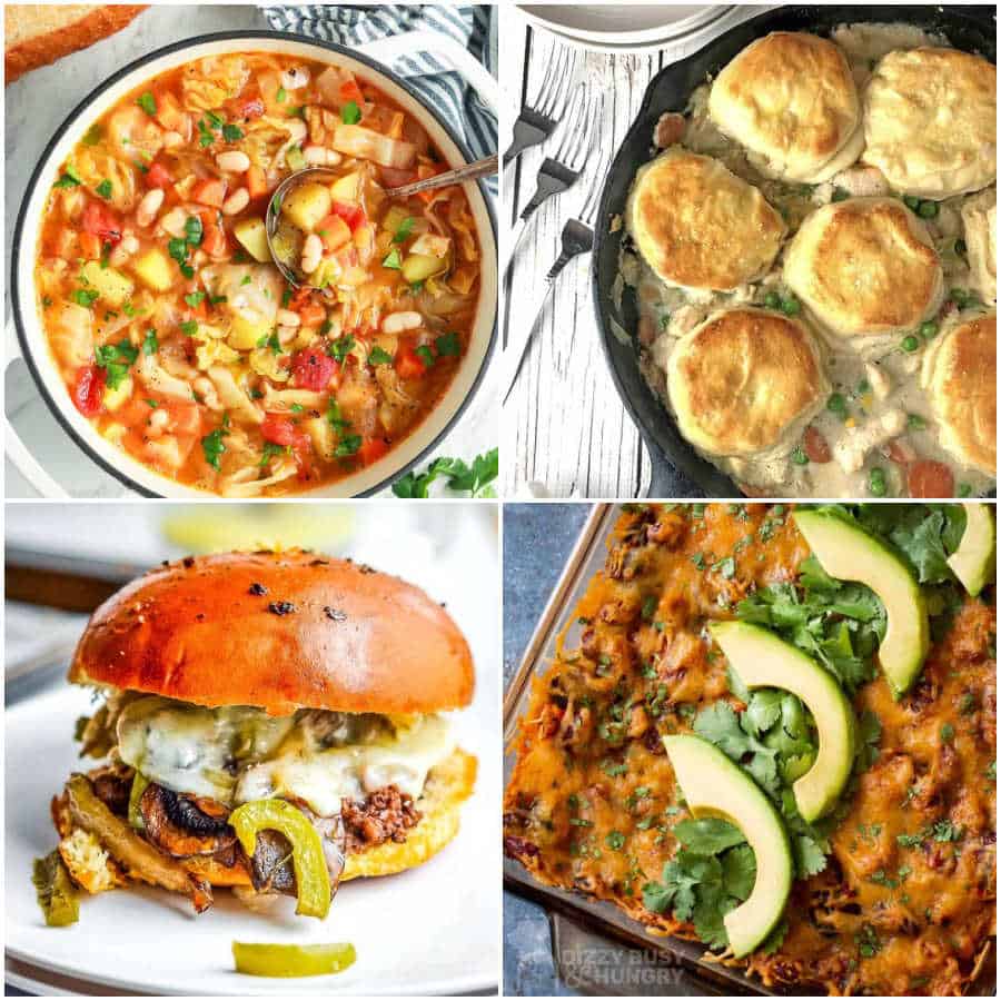 A collage of four pictures of food. The first is a bean soup, the second is a pot pie topped with biscuits, the third shows a sandwich and the fourth is a casserole topped with avocados. 