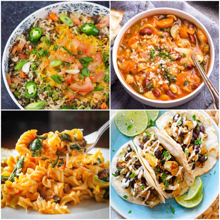 a collage of four pictures the first showing a mexican rice, the second is a minestrone soup, the third shows a fork full of pasta and the fourth shows cauliflower tacos. 